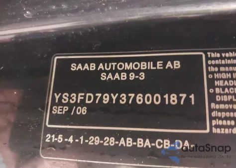 2007 Saab 9-3 2.0T from USA, damaged, VIN YS3FD79Y376001871